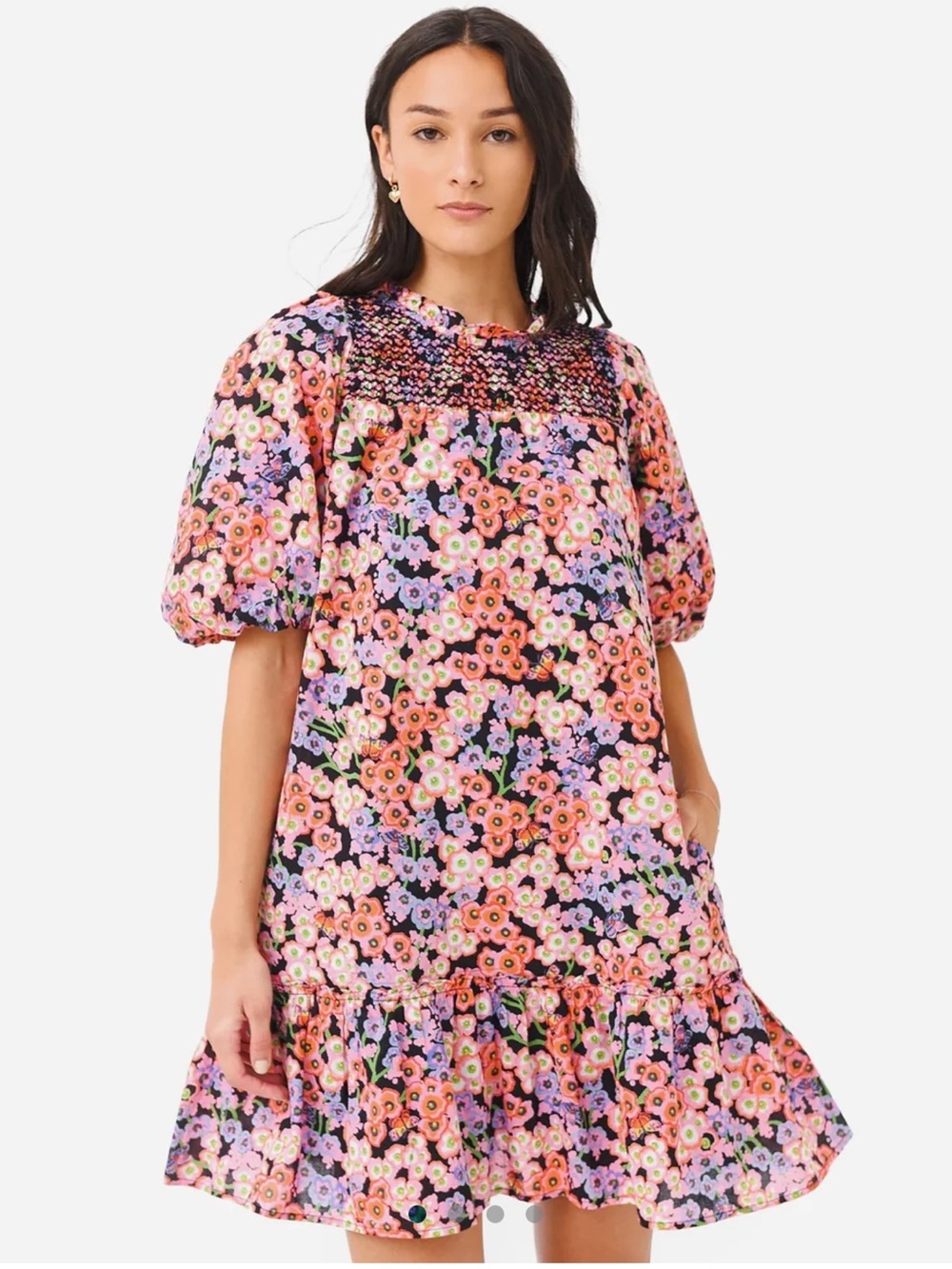 Banjanan Women's Nicole Dress Mini Smocked Babydoll Puff Sleeves